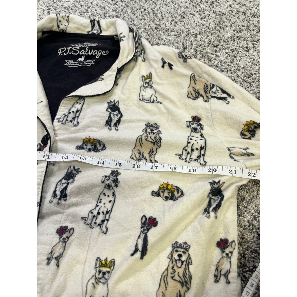 PJ Salvage Women Small Dog Print Flannel Pajama Set Cream‎ Button Front Long - Picture 5 of 15